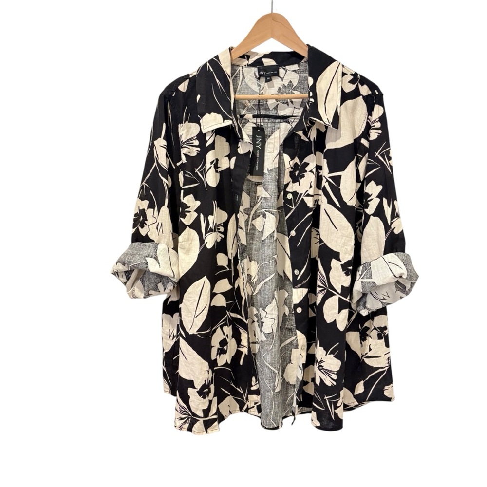 Linen Hawaiian Floral Print Black and Cream Button-Up Shirt Vacation 3X New